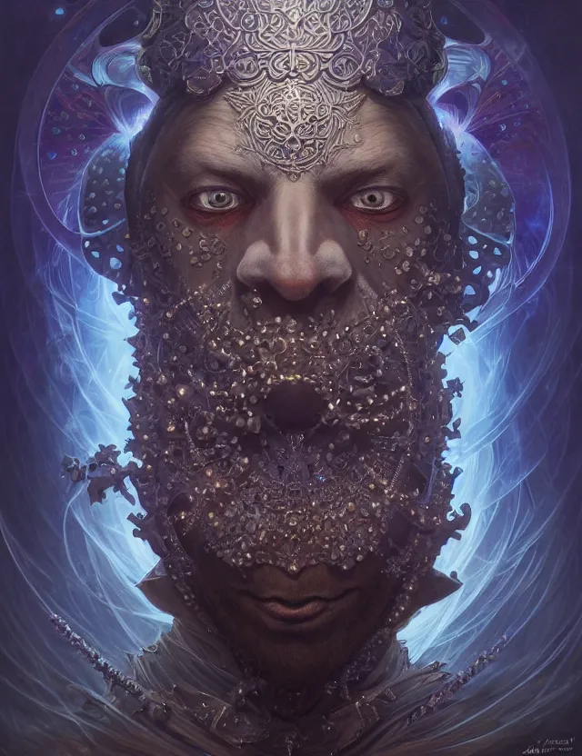 Image similar to front shot of a court jester character, hyperdimensional, bioluminescent hypercubes, dark holography!!!, (((intricate))), elegant, highly detailed, centered, (((artstation, concept art, smooth, sharp focus, artgerm, Tomasz Alen Kopera, Peter Mohrbacher, donato giancola, Joseph Christian Leyendecker, WLOP, Boris Vallejo))), mugshot!!!!!, ugly!!!!!!, octane render, nvidia raytracing demo, octane render, nvidia raytracing demo, octane render, nvidia raytracing demo, grainy, muted, 8K, digitalblasphemy, metatron