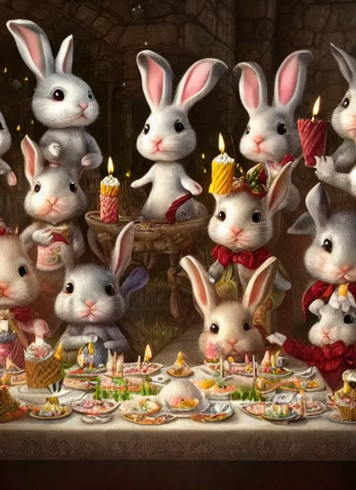 Image similar to highly detailed group closeup portrait of cute bunnies having a birthday party banquet in a castle, unreal engine, nicoletta ceccoli, mark ryden, earl norem, lostfish, global illumination, god rays, detailed and intricate environment