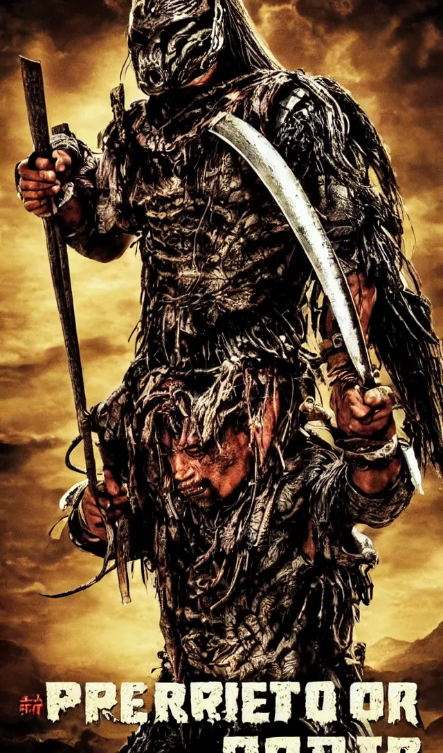 Prompt: movie poster for predator film shot in feudal japan staring hiroyuki sanada as a disgraced ronin who hunts down the predator after he fails to protect his master from it. in the style of al kallis.