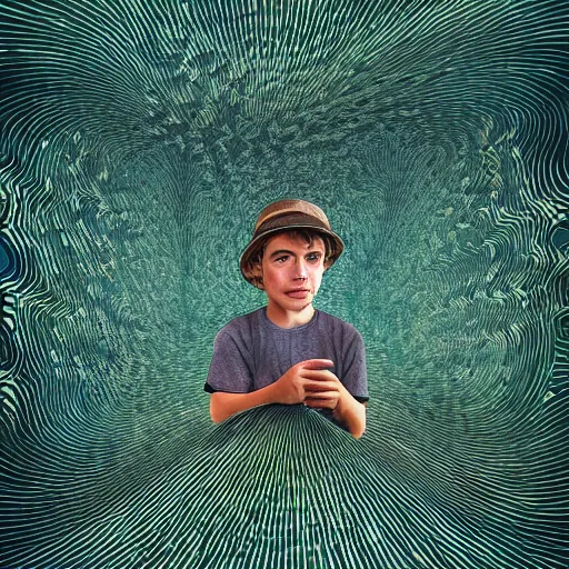 Prompt: a boy in a field with a sky background, a mosaic of screens by jeffrey smith, behance contest winner, generative art, circuitry, fractalism, behance hd