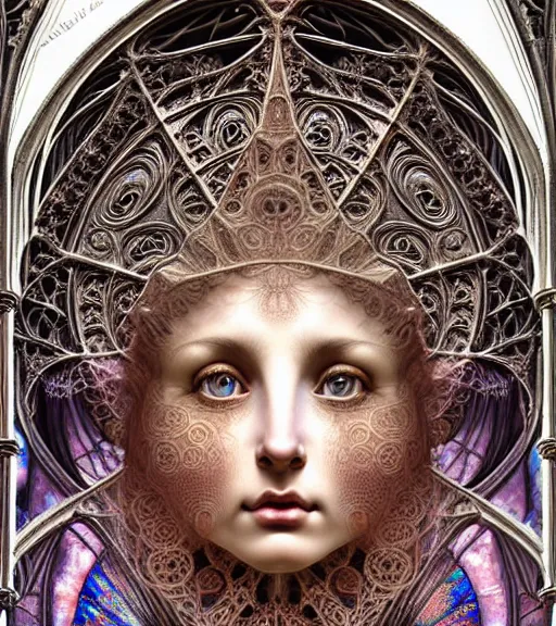 Image similar to hyperrealistic detailed face portrait of a beautiful young goddess morphing into a gothic cathedral, authentic ornamental architecture, intricate and highly detailed, awe inspiring art by ernst haeckel, h. r. giger, alphonso mucha, android jones, james jean, gothic, neo - gothic, heavily ornamental, nice deep colours,