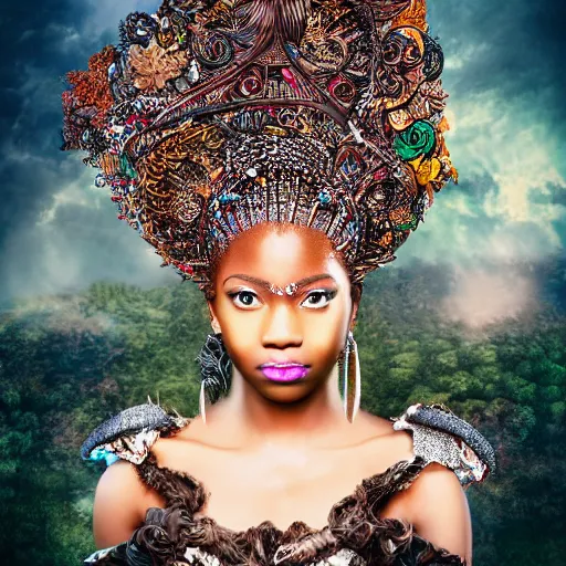 Image similar to professional photograph portrait of African Elvin fantasy princess, intricate complexity, manga styling, intricate complexity, subsurface scatter, drum scanner, 8k render