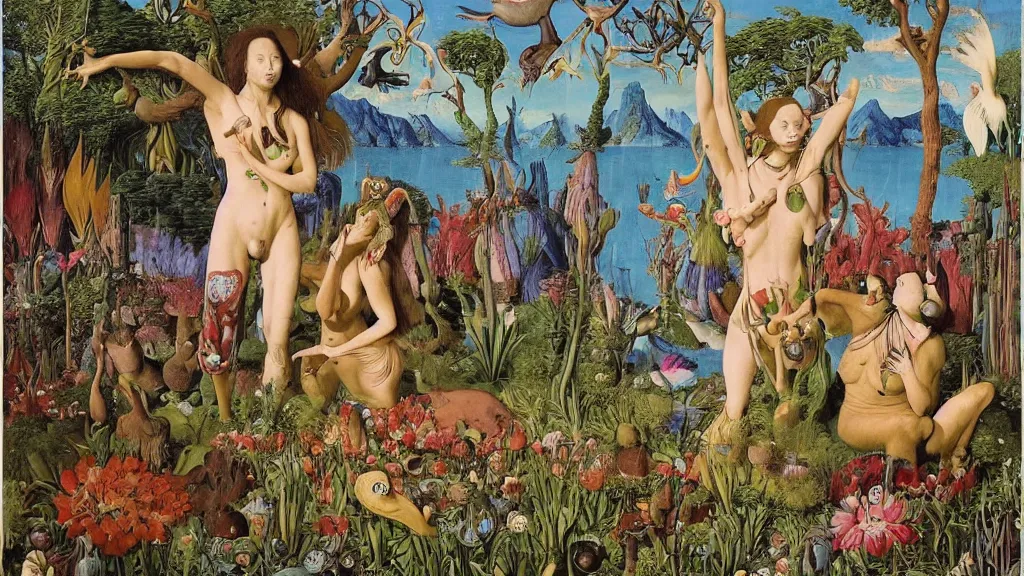 Image similar to a photograph of a meditating centaur shaman and a harpy mermaid mutating into beautiful mammals. surrounded by bulbous flowers and a few trees and animals. river delta with mountains under a blue sky full of burning stars and birds. painted by jan van eyck, max ernst, ernst haeckel, ernst fuchs and artgerm. trending on artstation