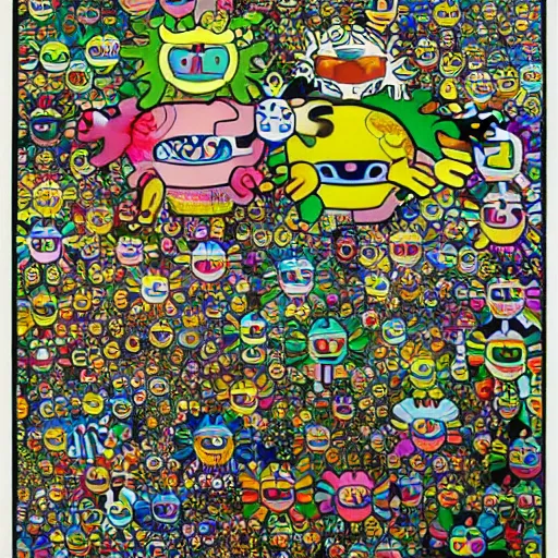 Prompt: things hidden inside my head by takashi murakami and keith haring, empty green canvas, superflat, pop culture, colorful, hyper detailed