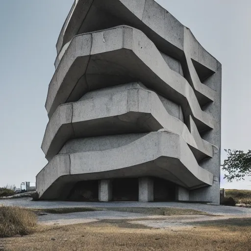 Image similar to a scifi church built in brutalist architecture, wild unique building geometry, combination of sharp and rounded elements, photography