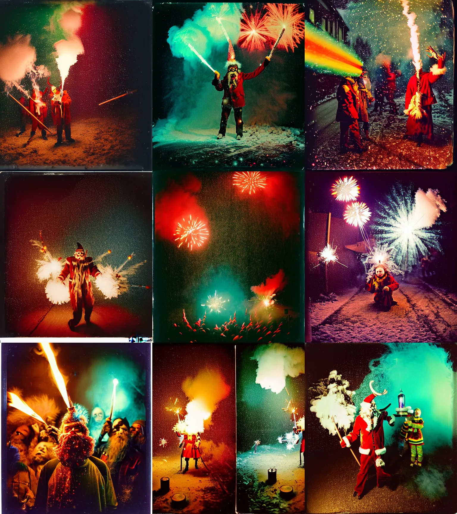 Image similar to kodak portra 4 0 0, wetplate, winter, snowflakes, rainbow coloured rockets, chaos, glitter tornados, award winning dynamic photo of a bunch of hazardous krampus between exploding fire barrels by robert capas, motion blur, in a small pantry at night with colourful pyro fireworks and torches, teal lights