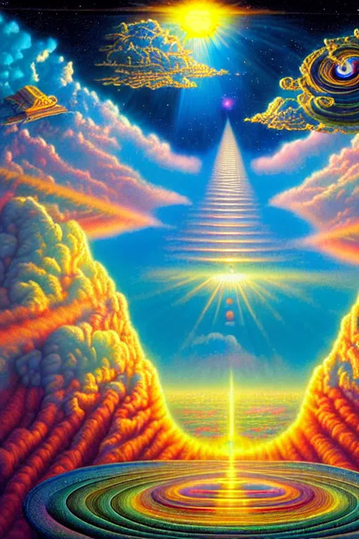 Prompt: a photorealistic detailed cinematic image of a beautiful vibrant iridescent future for human evolution, spiritual science, divinity, utopian, beautiful being, enlightenment, cumulus clouds, ornate spiral stairs, rebirth of the soul, isometric, by david a. hardy, kinkade, lisa frank, wpa, public works mural, socialist