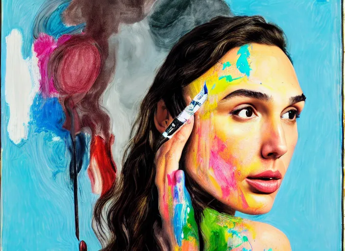 Image similar to portrait of gal gadot smoking a sigaret, by vincent lefevre and hernan bas and pat steir and hilma af klint, psychological, photorealistic, dripping paint, washy brush, rendered in octane, altermodern, masterpiece