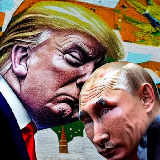 Image similar to trump and putin kissing in a mural in moscow