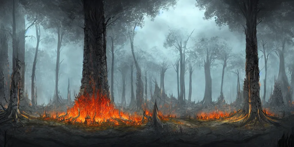 Image similar to concept art of a druidic village surrounded by trees made of obsidian and flames for leaves, dark fantasy, eerie, at dusk, slightly hazy, digital painting, large fire pit, realistic, sharp focus, high detail, beautiful