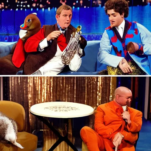 Prompt: late night chat show with a duck smoking a pipe , a horse in a judo kit, a dog in a sequin waistcoat playing a trombone