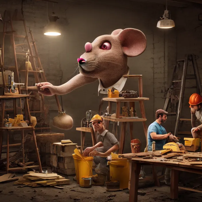 Image similar to crew of workers building giant mouse - movie prop - head in quaint workshop, octane render, 4 k ultra hd, hyper - detailed, realistic, seedy lighting, sharp focus, in style of beeple