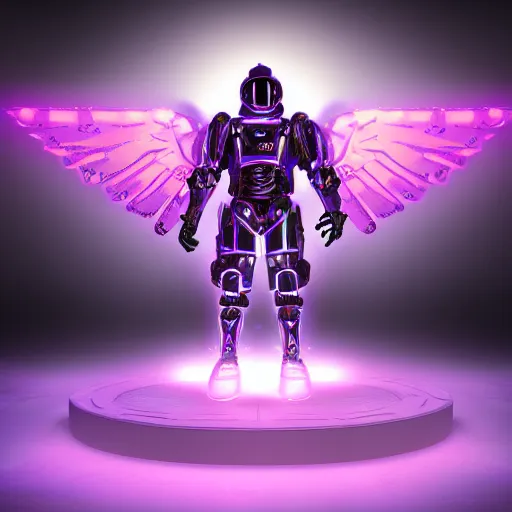 Prompt: robot paladin space warrior knight futuristic with glowing pink hologram angel wings, cinematic lighting, HD, high details, atmospheric