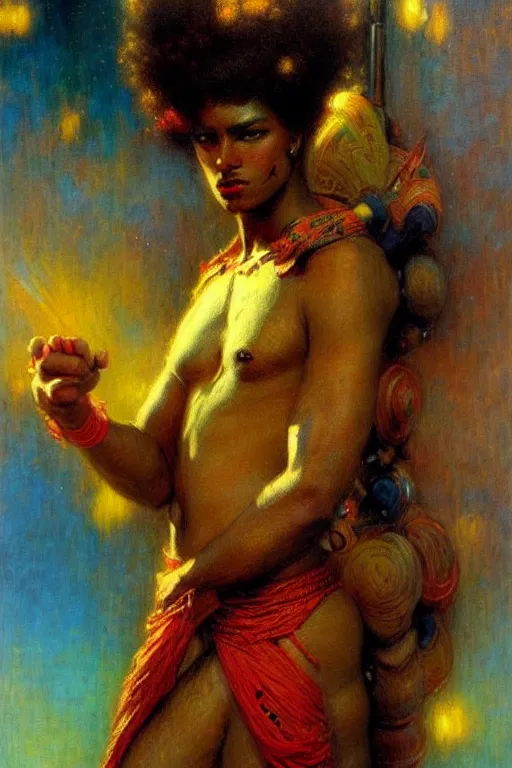 Image similar to attractive male, character design, colorful, afrofuturism, painting by gaston bussiere