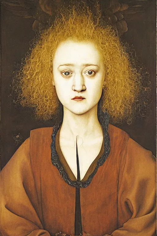 Image similar to portrait of julia garner as delirium of the endless, sandman, oil painting by jan van eyck, northern renaissance art, oil on canvas, wet - on - wet technique, realistic, expressive emotions, intricate textures, illusionistic detail