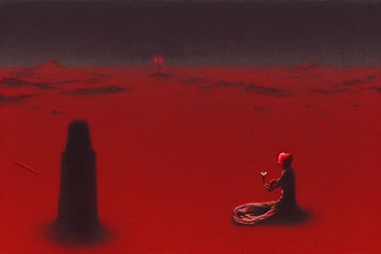 Image similar to only with red, a red shinigami eat apple, a city on mars in background, an ancient path, pathos, in the style of beksinski, part by hopper, part by rodcenko, part by hofbauer, intricate composition, red by caravaggio, insanely quality, highly detailed, masterpiece, red light, artstation