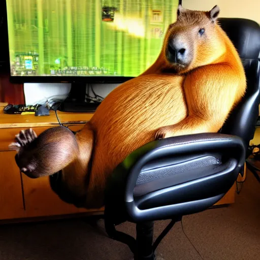 Image similar to huge fat capybara sitting in a gamer chair and drinking mountain dew gamer fuel, digital photography,