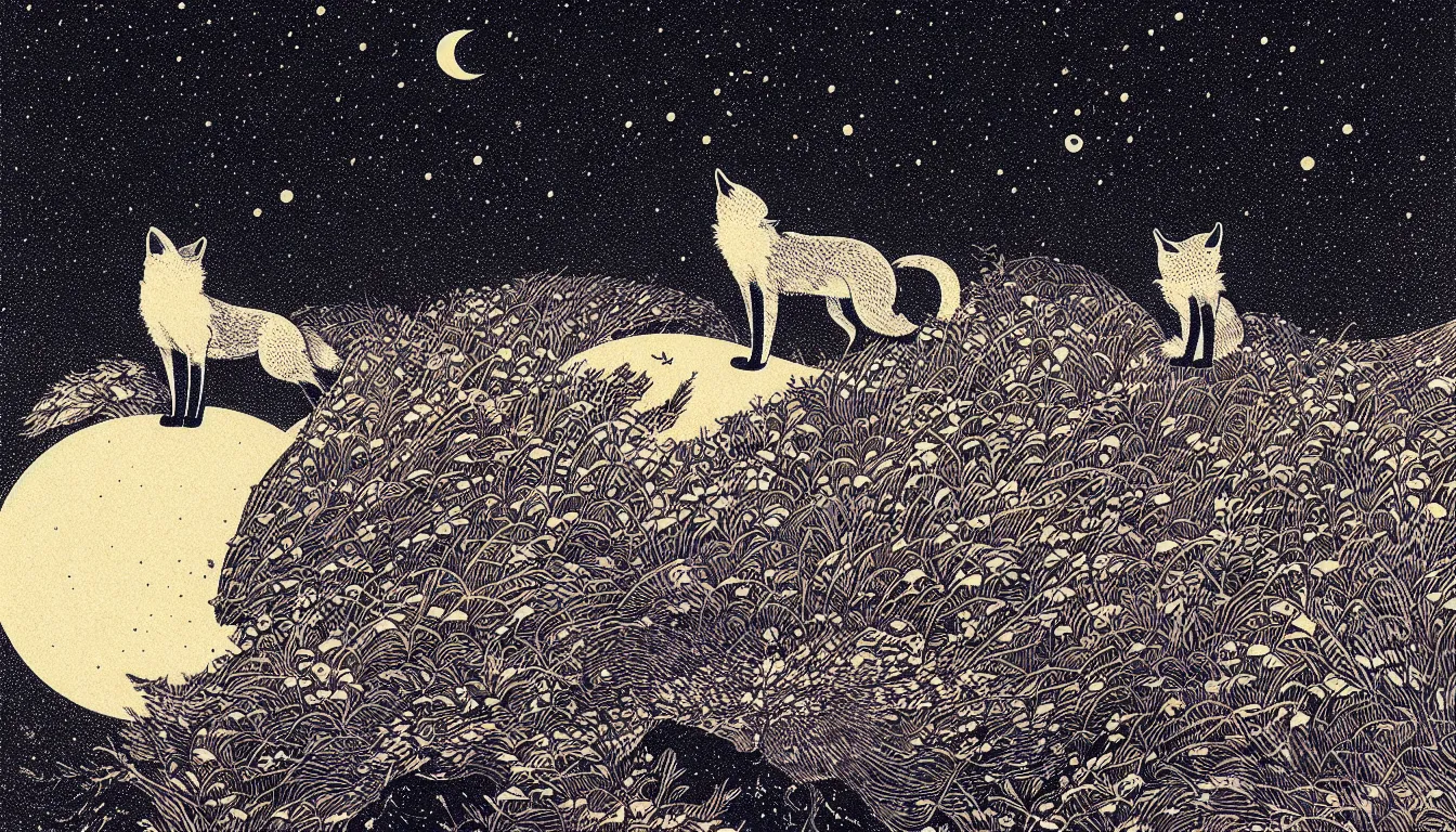 Prompt: fox gazing at the night sky by woodblock print, nicolas delort, moebius, victo ngai, josan gonzalez, kilian eng