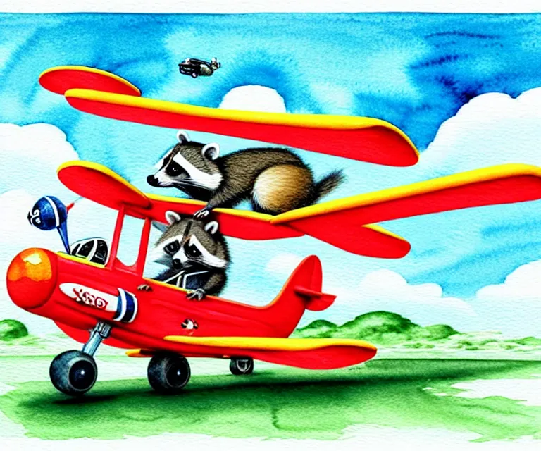 Image similar to cute and funny, racoon riding in a tiny airplane with oversized engines, ratfink style by ed roth, centered award winning watercolor pen illustration, isometric illustration by chihiro iwasaki, edited by range murata, tiny details by artgerm and watercolor girl, symmetrically isometrically centered