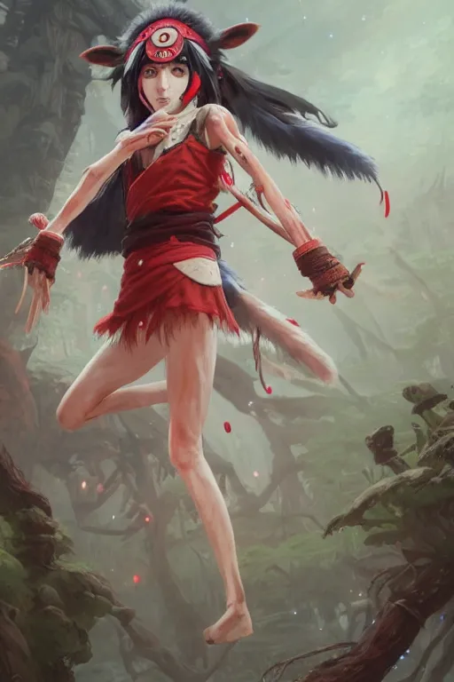 Image similar to mononoke hime, accurate anatomy, only two hands, highly detailed, digital painting, artstation, concept art, smooth, sharp focus, illustration, unreal engine 5, 8 k, art by artgerm and greg rutkowski and edgar maxence