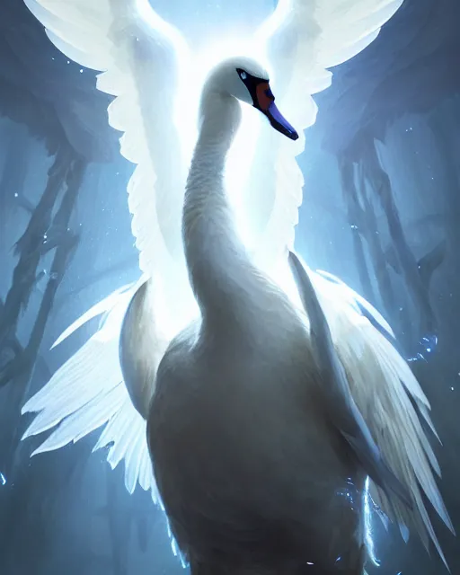 Image similar to Swan, Anthropomorphized, Angelic, Magical, Priest, D&D, artstation, fantasy, magic the gathering artwork, cinematic lighting, centered, symmetrical, highly detailed, digital painting, , concept art, smooth, sharp focus, illustration, volumetric lighting, epic Composition, 8k, art by Akihiko Yoshida and Greg Rutkowski and Craig Mullins, oil painting, cgsociety