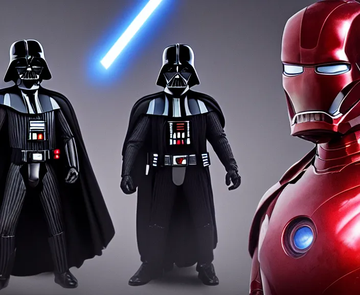 Image similar to 4 k hd, high detail photograph of darth vader and iron man, shot with sigma f / 4. 2, 2 5 0 mm sharp lens, wide shot, consistent, volumetric lighting, high level texture render