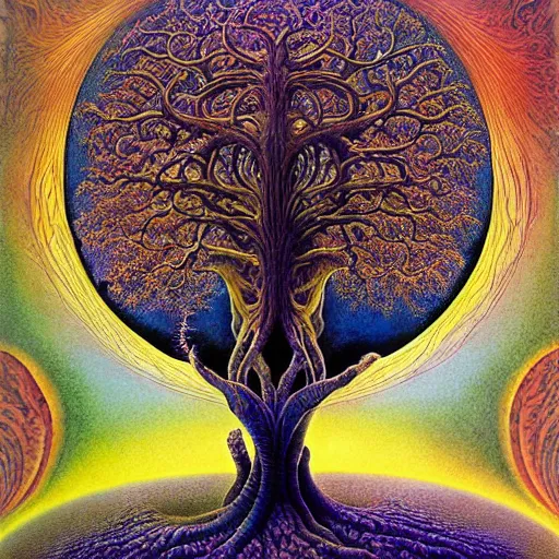 Image similar to sacred mulberry tree by roger dean and andrew ferez, art forms of nature by ernst haeckel, divine chaos engine, tree of life, symbolist, visionary, art nouveau, botanical fractal structures, lightning, surreality, lichtenberg figure