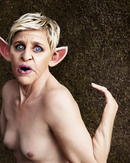 Prompt: angry ellen degeneres as a goat person, she looks like a demonic mythological satyr with yellow goat eyes with horizontal pupils, long goat like ears, and goat horns on her head, 8 k, photo shoot, 9 inch kershaw soft focus lens f / 5. 6 bokek