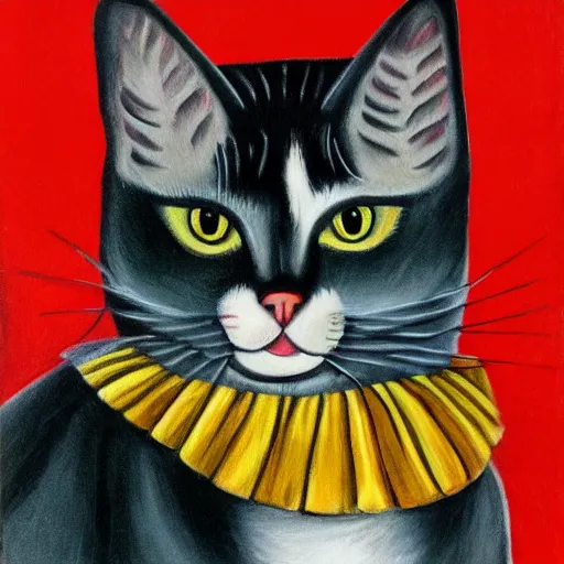 Image similar to a cat, painted in the style of frida kahlo