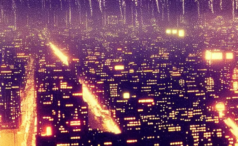 Image similar to Lumière Autochrome of rain falling on Neo-Tokyo 20XX skyline, futuristic megacity seen from above, sprawling megacity in the rainy night, neon lights, blade runner 1982