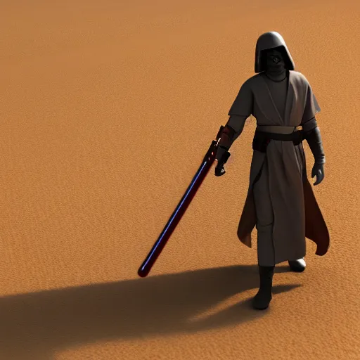 Image similar to jedi knight with a lightsaber on a desolate landscape, concept art, octane render