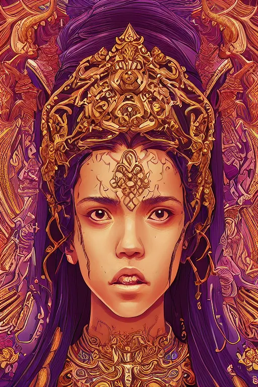 Image similar to skin made of ornate portrait of a wrathful diety teen Jessica Alba, ornate skin, ancient relief carving background, incredible, anime, Digital 2D, animated by Kyoto Animation, Studio Ghibli, Miyazaki, AKIRA art style, by Laurie Greasley, beautiful, gorgeous, dramatic lighting, rule of thirds, perfect composition, trending on ArtStation, 4k, cropped