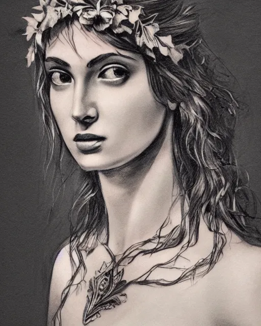 Image similar to realism tattoo sketch of a beautiful greek goddess aphrodite wearing a laurel wreath and arrowhead earrings, beautiful confident eyes, beautiful flowing hair, glowing god eyes, hyper realistic face, in the style of greg rutkowski, fantasy, amazing detail, epic, elegant, smooth, sharp focus, from the front