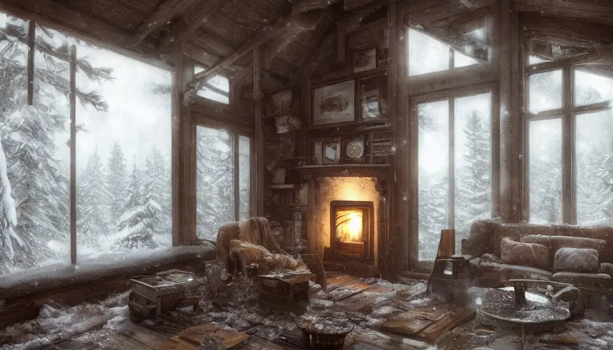 Image similar to A highly detailed matte painting of interior of old cabin in snowy forest, fireplace, bookshelves, old couch, snowing outside windows, by Studio Ghibli, Makoto Shinkai, by Artgerm, by WLOP, by Greg Rutkowski, volumetric lighting, octane render, 4K resolution, trending on artstation, masterpiece