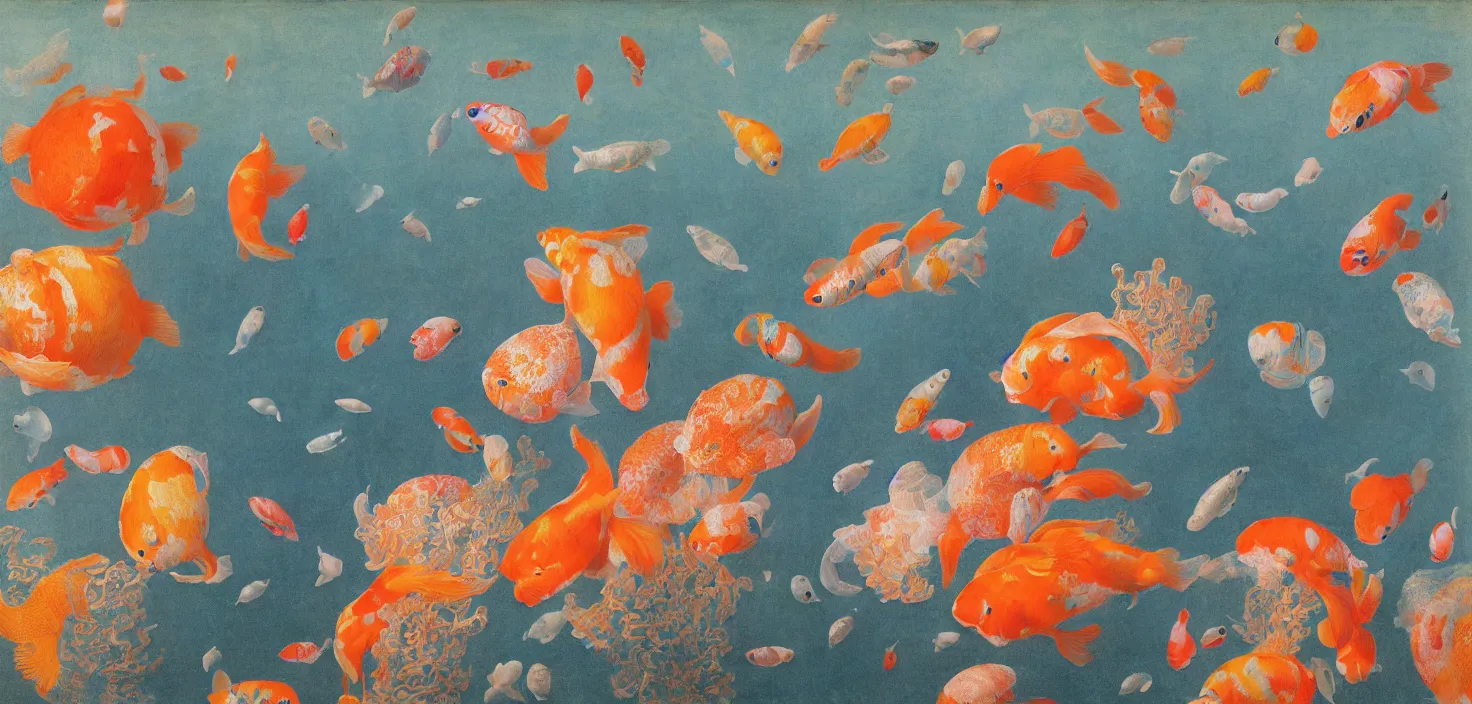 Prompt: transparent vase of coral in the sky and under the sea decorated with a dense field of stylized scrolls that have opaque orange outlines, with colorful shells and koi fishes, ambrosius benson, magritte, oil on canvas, hyperrealism, light color, no hard shadow, around the edges there are no objects