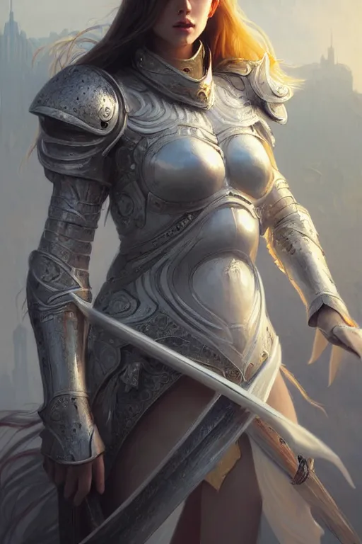 Image similar to portrait young knights of Zodiac girl, matt white color armor, in ruined Agora of Athens Sunrise, ssci-fi and fantasy, intricate and very beautiful and elegant, highly detailed, digital painting, artstation, concept art, smooth and sharp focus, illustration, art by tian zi and WLOP and alphonse mucha