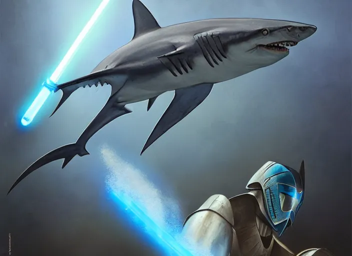 Image similar to blue thresher shark wearing plate armor, shark head, holding a lightsaber, fantasy, wonderful masterpiece highly detailed, scifi, beautiful cinematic light deep focus, elegant, digital painting, smooth, sharp focus, golden ratio, dramatic illumination, ultra realistic, 8 k, art by ilya kuvshinov, artgerm, alphonse mucha, and greg rutkowski