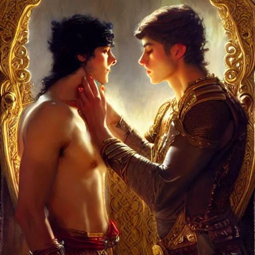 Prompt: attractive fully clothed king confesses his love for his attractive fully clothed male prince. highly detailed painting by gaston bussiere, tom bagshaw, craig mullins