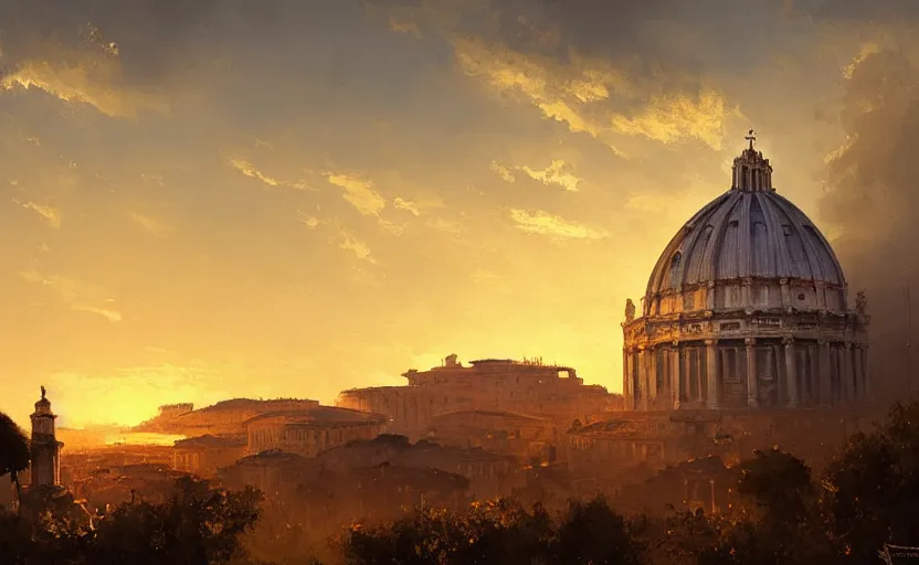 Image similar to painting of skyline of rome at sunset, natural light, concept art, by greg rutkowski, cozy atmospheric and cinematic lighting