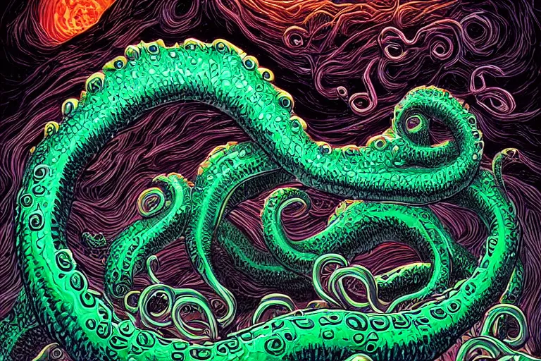 Image similar to a giant lovecraftian tentacle creature gripping a black hole by dan mumford, digital art, photorealistic, vivid colors, highly detailed, intricate