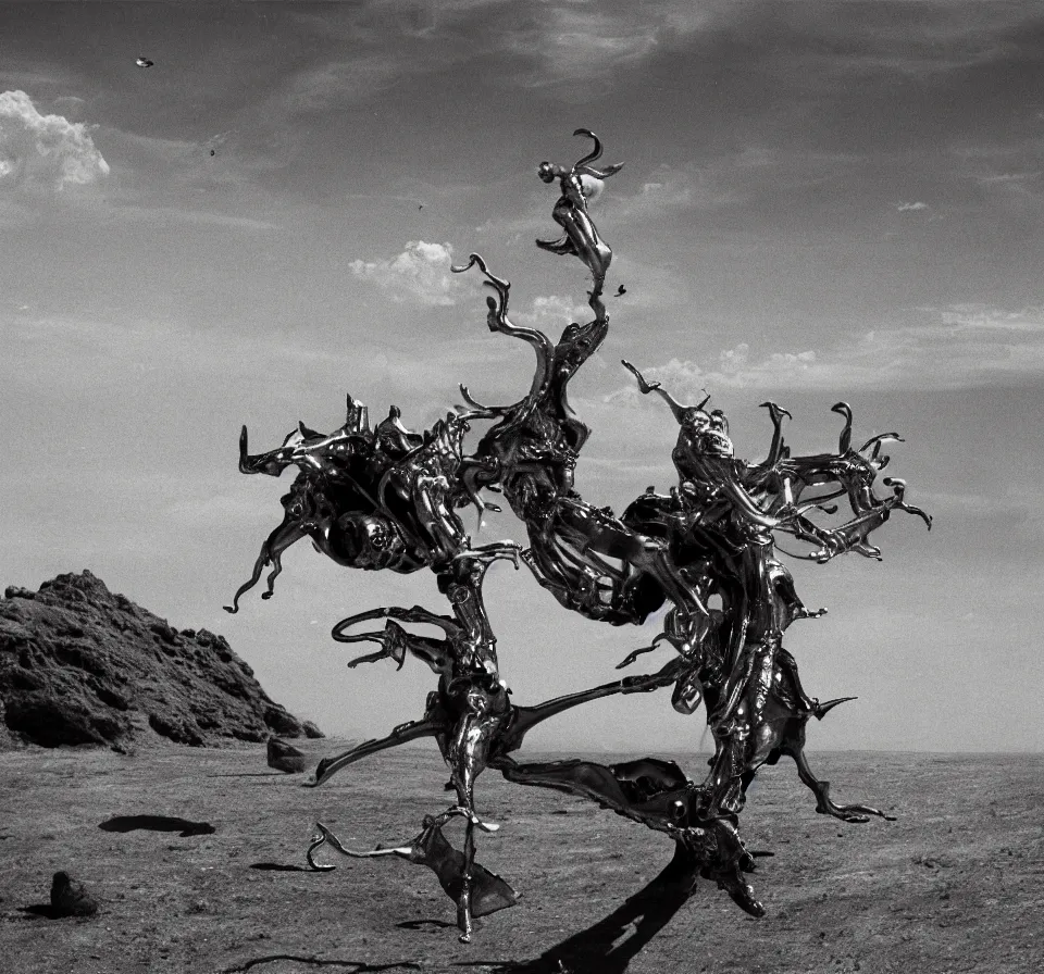 Image similar to salvador dali wearing a horned golden jewels crown in a dry sand desert landscape, alien spaceship by giger in the sky, film still from the movie by alejandro jodorowsky with cinematogrophy of christopher doyle and art direction by hans giger, anamorphic lens, kodakchrome, very detailed photo, 8 k