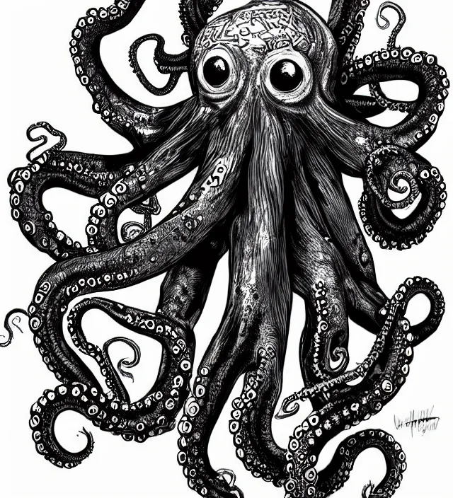 Image similar to an unique mad octopus, concept art, digital art, deviantart artstation, tattoo, black and white,