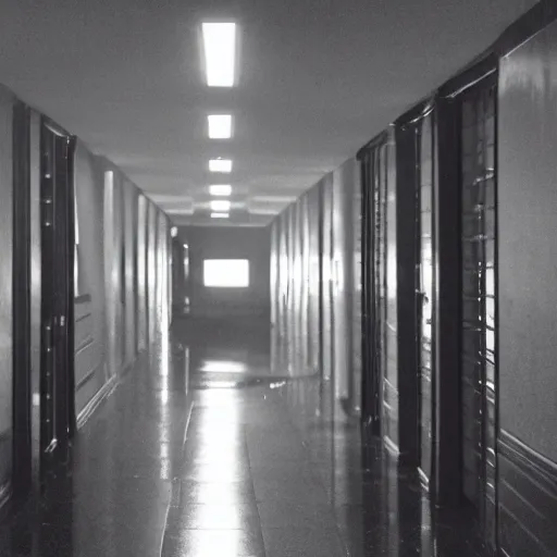 Image similar to dolly zoom stretch shot of a impossibly long hallway, moody lighting, smoke effects, strobe lights, particle effects, atmospheric - h 6 4 0