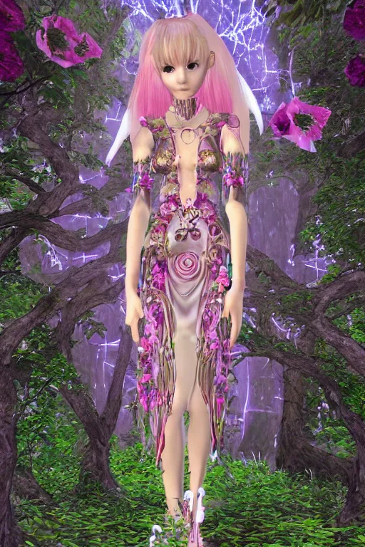 Prompt: cute female forest spirit wearing floral cybernetic hungarian valentino resort mystical angelic dress in a 3 d psx ps 2 jrpg style, overgrown esoteric cyber cathedral sanctuary, fashion gameplay screenshot, highly detailed, morning pink gold light