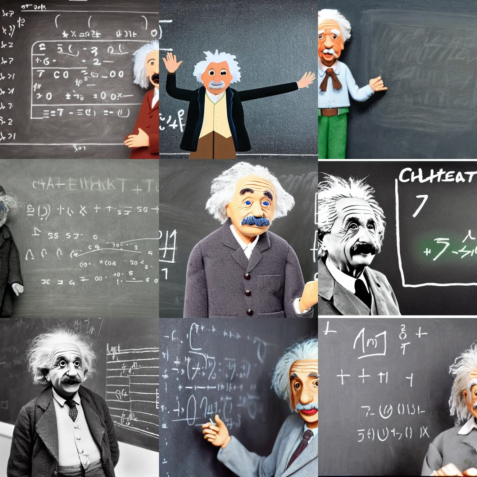 Prompt: Claymation Albert Einstein in front of a blackboard full of chalked math formulas
