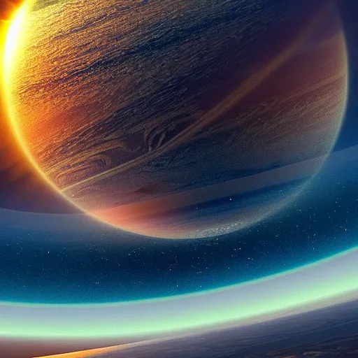 Prompt: the sun was going to hit the horizon, 8 k resolution digital wallpaper trending on artstation interstellar and brutal at sunset, fullscreen my head got replaced with saturn, my mom is going to be so mad,