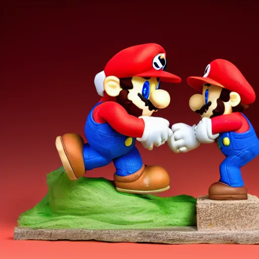 Image similar to clay sculpture of super mario stomping on a goomba. studio photography.