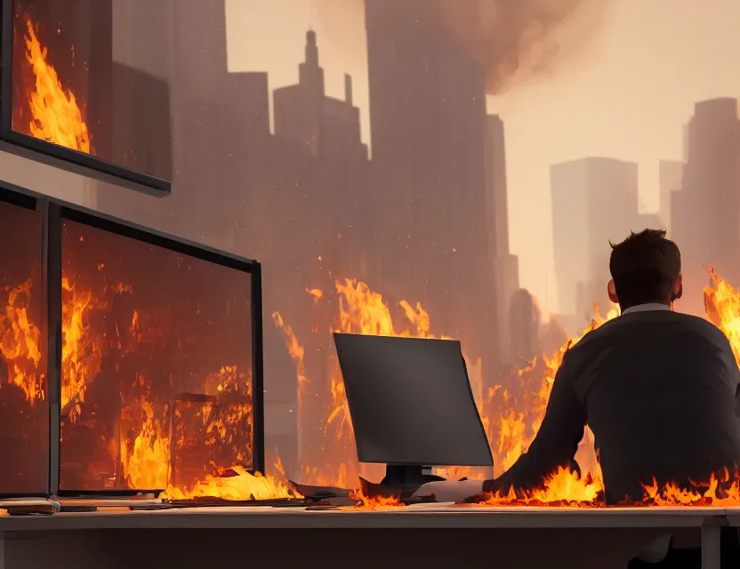 Image similar to a man sit at a workstation in a big office and looks at the burning fires, close up, featured in artstation, intricate, ultra detailed, unreal engine, concept art, wide - angle lens, sharp focus, illustration, 8 k