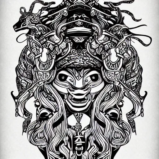 Prompt: an ornate tattoo design of japanese ainu tribe, various animals, monster, twisted god with no face, by makoto shinkai. intricate details, rectilinear, centered, trending on artstation, featured on behance, 8 k, vector art, digital art