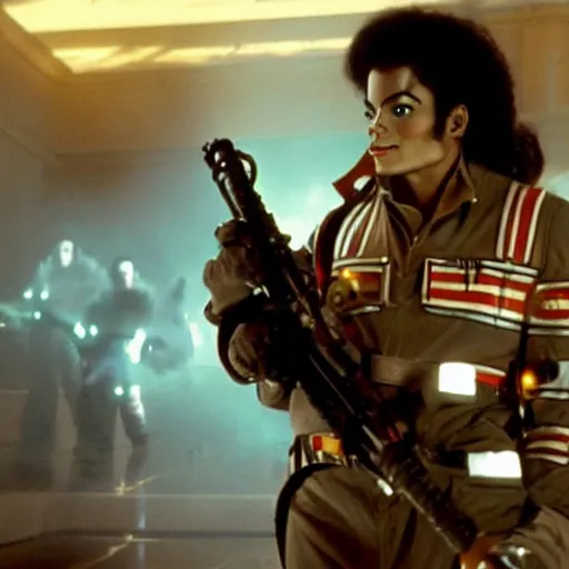 Image similar to stunning awe inspiring michael jackson playing a ghostbuster in the movie ghostbusters, movie still 8 k hdr atmospheric lighting